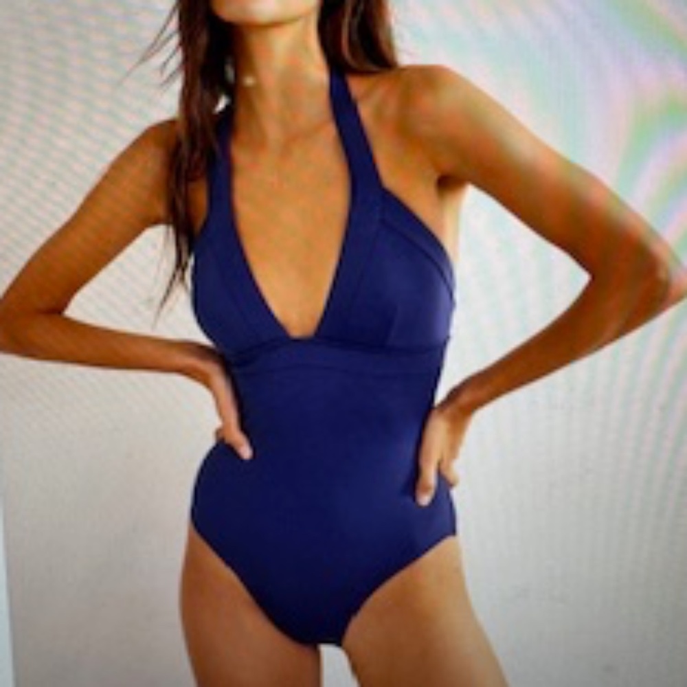 NWT Boden SOLD OUT Ithaca Halter Swimsuit in Navy, size 10L, $140